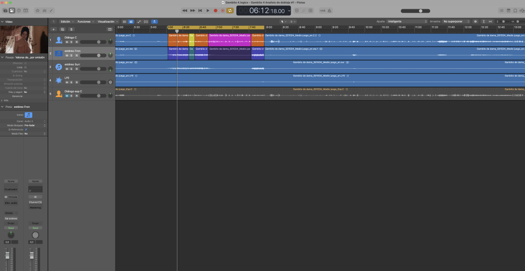 Captura de sesión de Logic con los 4 tipos de pista en la mezcla Surround 5.1.